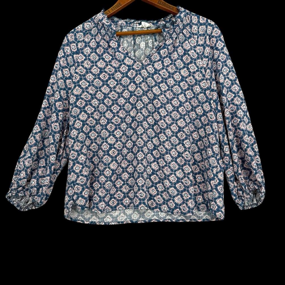 Caslon Blouse S Lightweight Boho Peasant Top Rayon Blue Pink Geometric